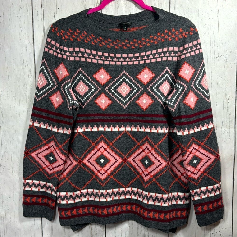 TalbotsâPetites Fair Isle Wool Blend Sweater Gray Pink Red Size MP Cottagecore
